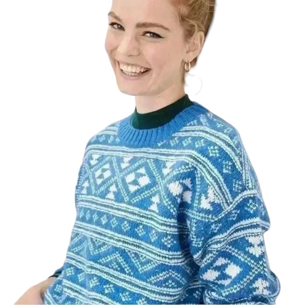 AMERICAN EAGLE Fair Isle Snowdrift Pullover Sweater in Blue/Shite Size XL - Picture 3 of 7